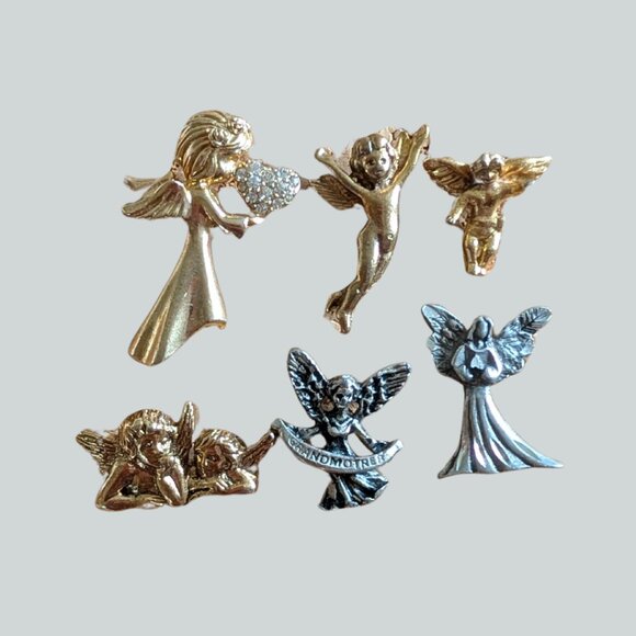 Vintage Angel Lapel Pin Bundle – Set of 6 Mixed Metal Minis - Picture 1 of 1
